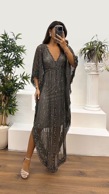 Anthracite V-Neck Bat Sleeve Hand Embroidered Design Evening Dress
