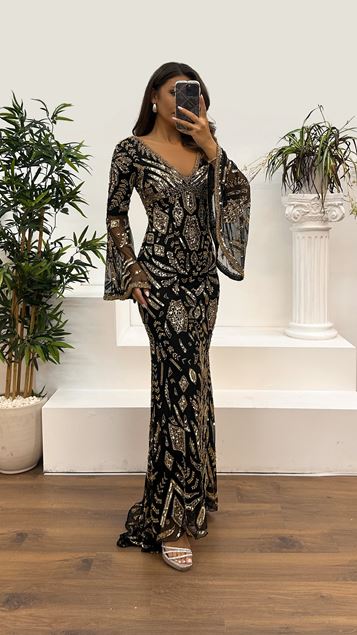 Black Gold V-Neck Hand Embroidered Design Evening Dress