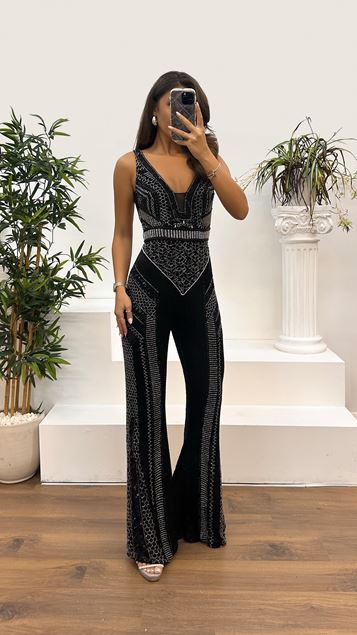 Black Back Detail Hand Embroidered Evening Dress Jumpsuit