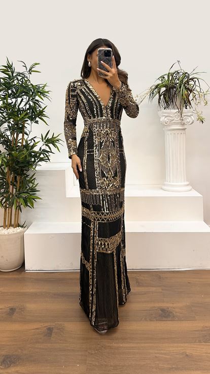 Black Gold Back Detail Hand Embroidered Evening Dress