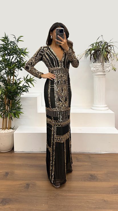 Black Gold Back Detail Hand Embroidered Evening Dress