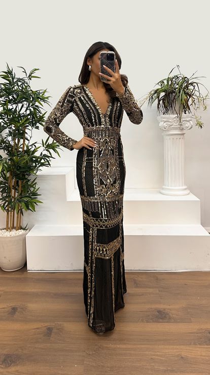 Black Gold Back Detail Hand Embroidered Evening Dress