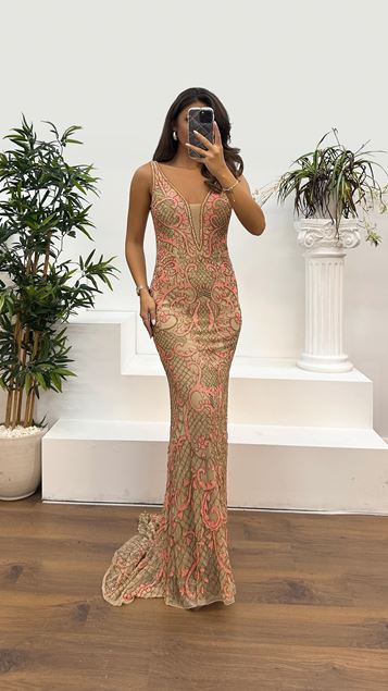 Fuchsia Strap V-Neck Hand Embroidered Design Evening Dress