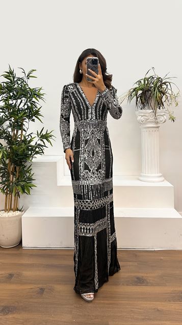 Black Silver V-Neck Hand Embroidered Design Evening Dress