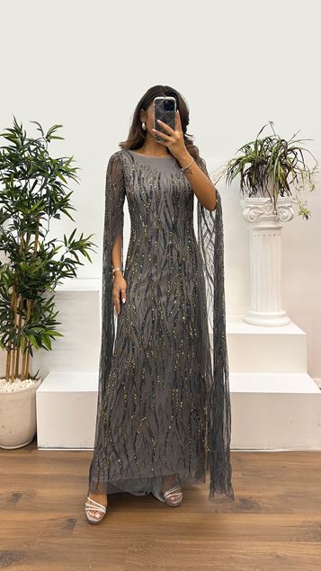 Anthracite Sleeve Detail Hand Embroidered Design Evening Dress