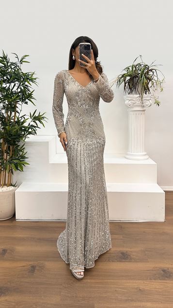 Silver V-Neck Hand Embroidered Design Evening Dress