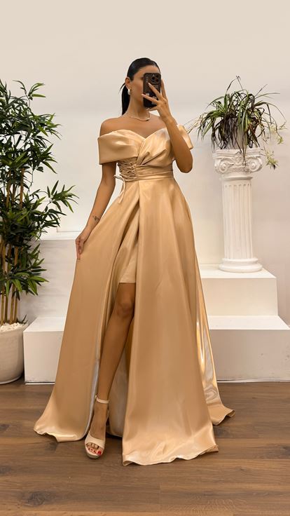 Gold Kayık Yaka Abiye Elbise