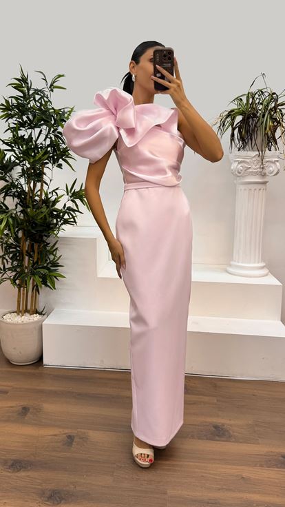 Pembe Tek Omuz Abiye Elbise