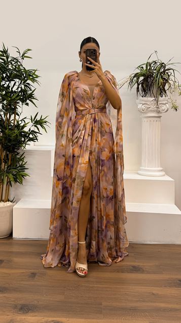 Orange V-Neck Sleeve Detail Chiffon Evening Dress