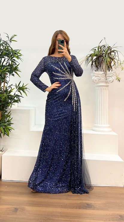 navy blue plus size evening dress Plus-Size Long Glitter Prom Dress with Beaded Corset Navy / 20