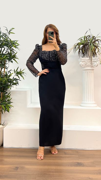Black Embroidered Detail Plus Size Satin Evening Dress