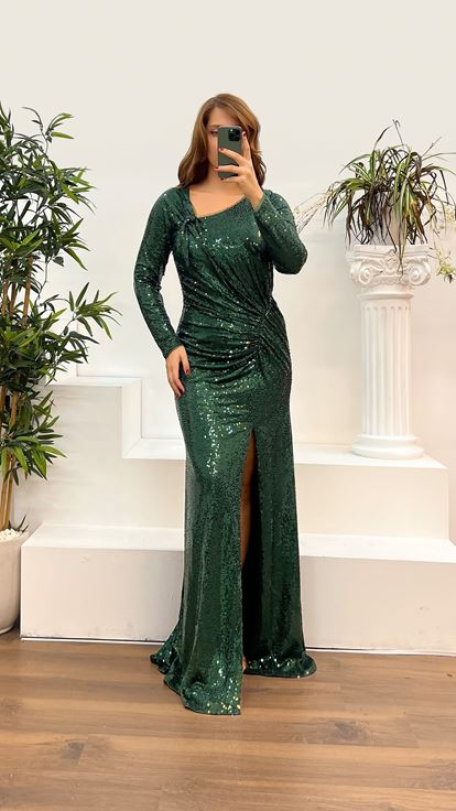 Zümrüt Uzun Kol Pul Payet Büyük Beden Abiye Elbise