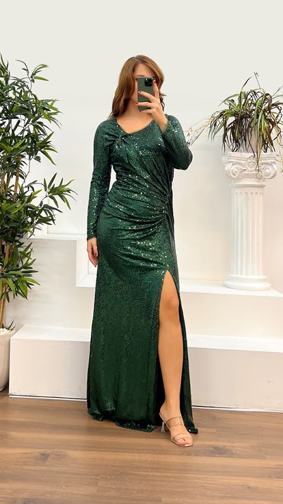 Zümrüt Uzun Kol Pul Payet Büyük Beden Abiye Elbise