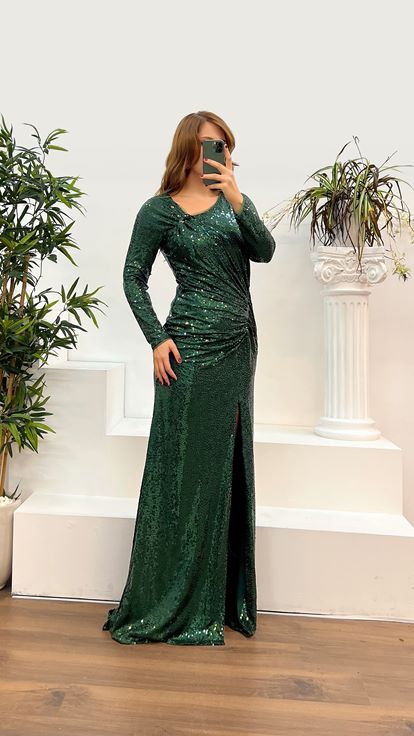 Zümrüt Uzun Kol Pul Payet Büyük Beden Abiye Elbise