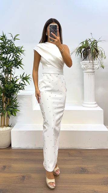 White One Shoulder Stone Detail Evening Dress
