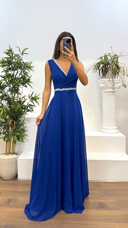 Sax Waist and Stone Design Evening Dress with Chest