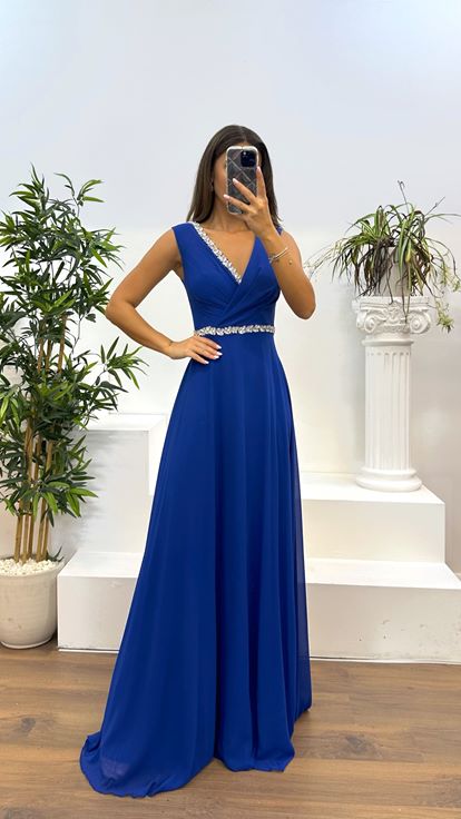 Sax Waist and Stone Design Evening Dress with Chest