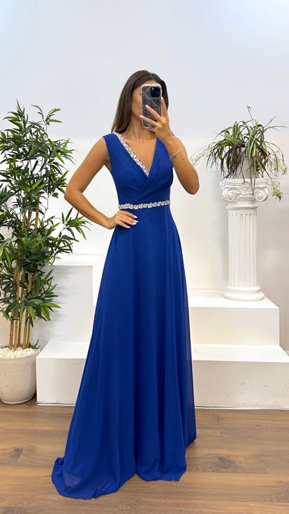 Sax Waist and Stone Design Evening Dress with Chest