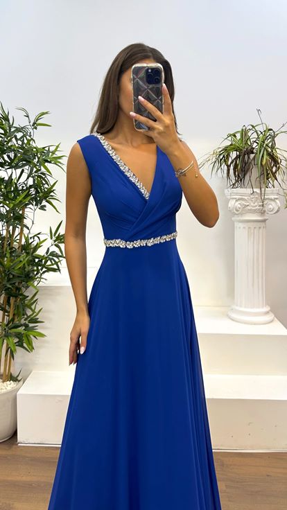 Sax Waist and Stone Design Evening Dress with Chest