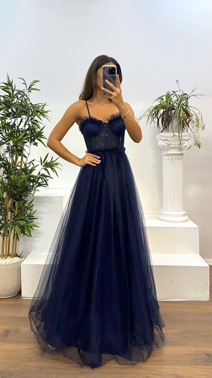 Lacivert İp Askılı Tül Abiye Elbise