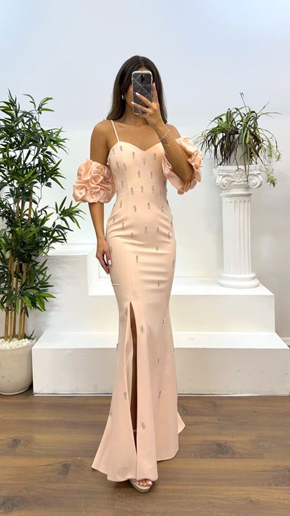 Powder Balloon Sleeve Stone Detail Evening Dress