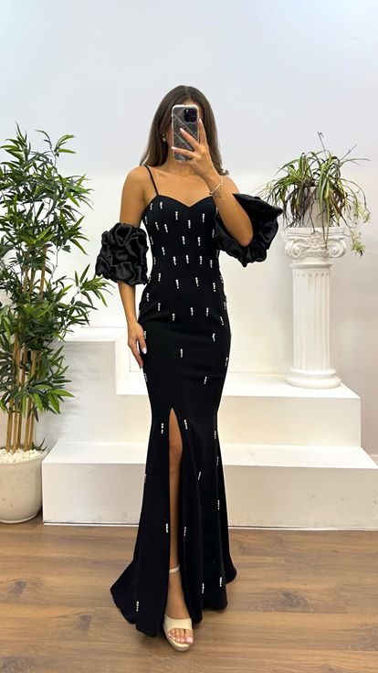 Black Balloon Sleeve Stone Detail Evening Dress