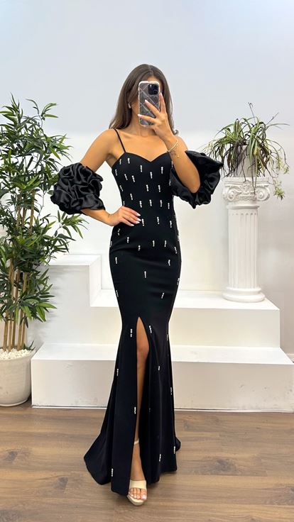 Black Balloon Sleeve Stone Detail Evening Dress