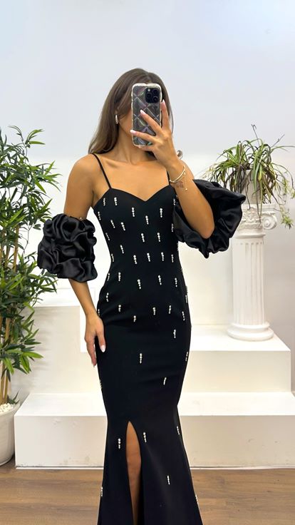 Black Balloon Sleeve Stone Detail Evening Dress