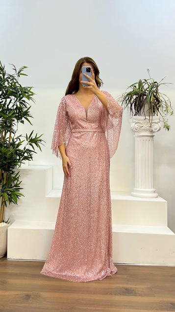 Vestido de noche de talla grande bordado con cuello en V en polvo