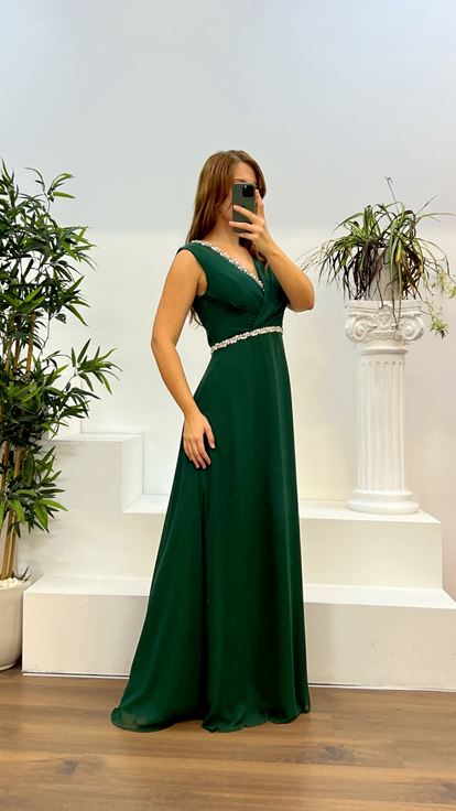 Emerald V-Neck Waist and Neck Embroidered Plus Size Evening Dress