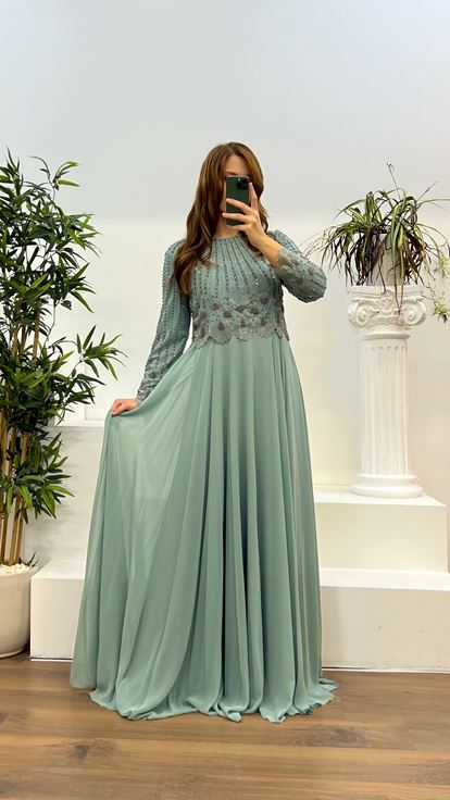 Abito da sera taglie forti in chiffon ricamato a maniche lunghe verde menta