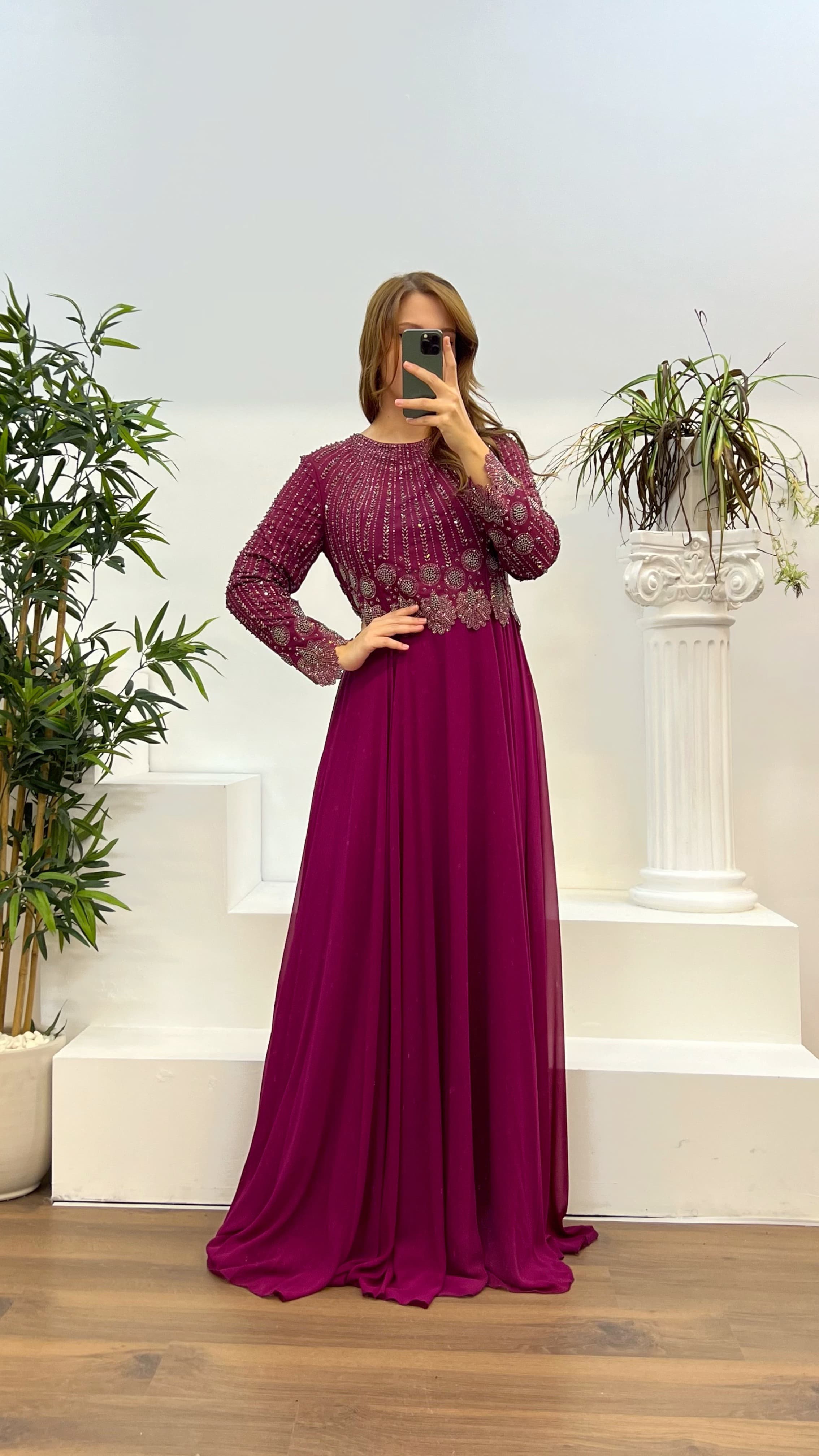 Fuchsia Long Sleeve Embroidered Chiffon Plus Size Evening Dress