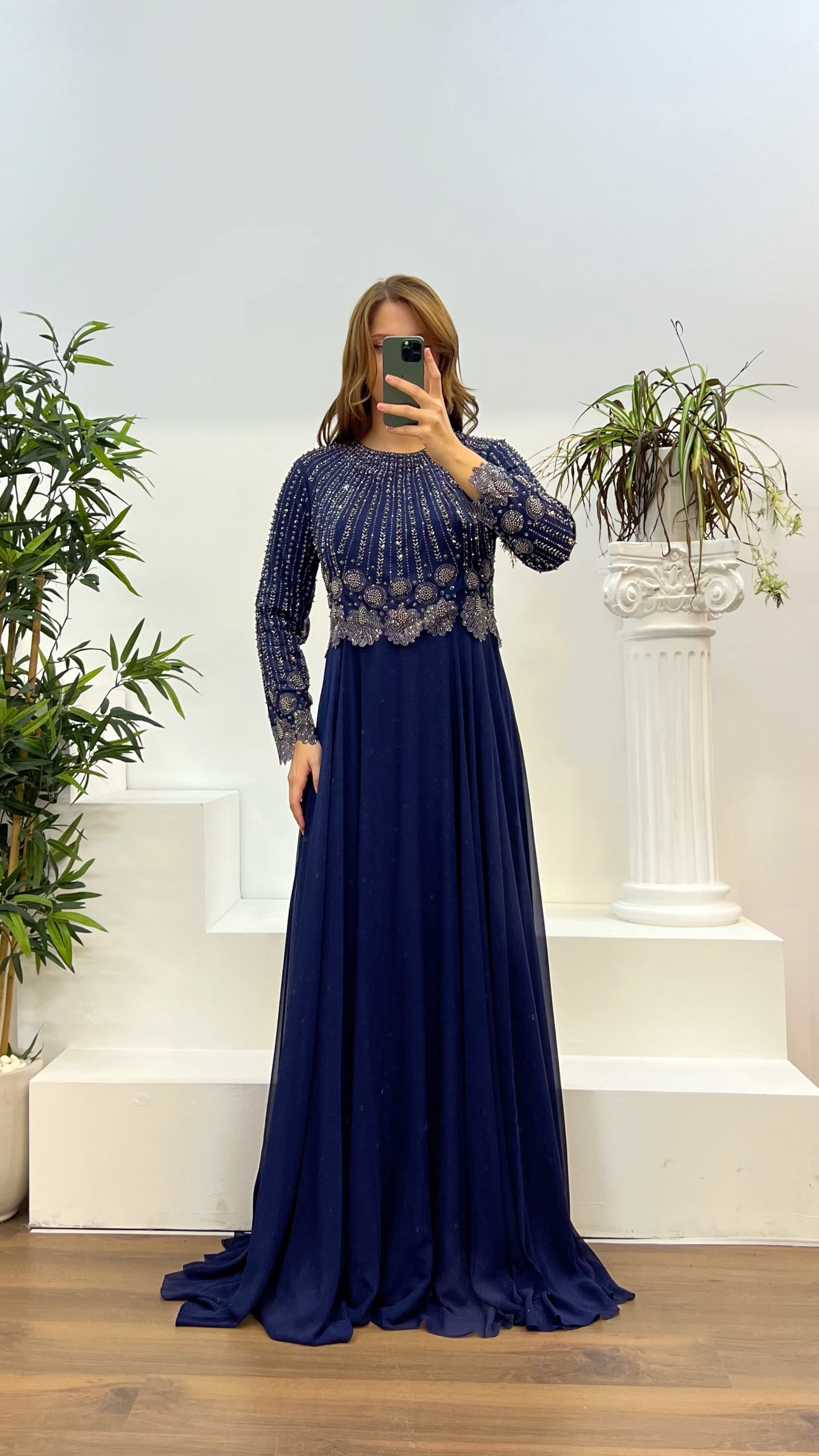 Navy Blue Long Sleeve Embroidered Chiffon Plus Size Evening Dress