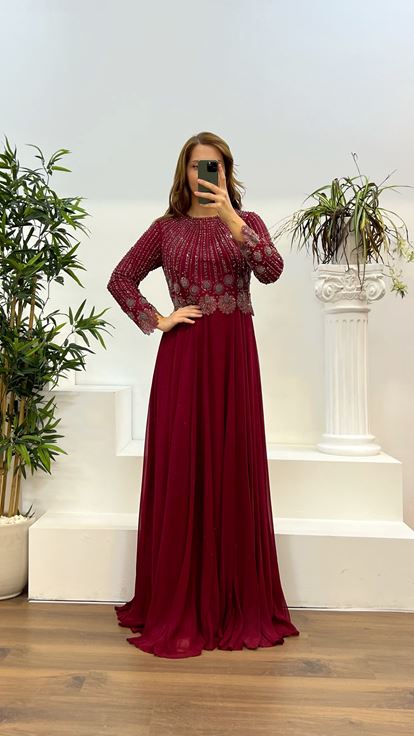 Abito da sera taglie forti in chiffon ricamato a maniche lunghe bordeaux