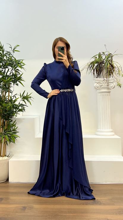 Navy Blue Waist Detail Plus Size Hijab Evening Dress