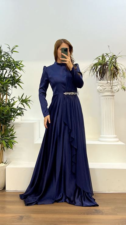 Navy Blue Waist Detail Plus Size Hijab Evening Dress
