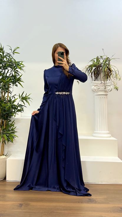 Navy Blue Waist Detail Plus Size Hijab Evening Dress