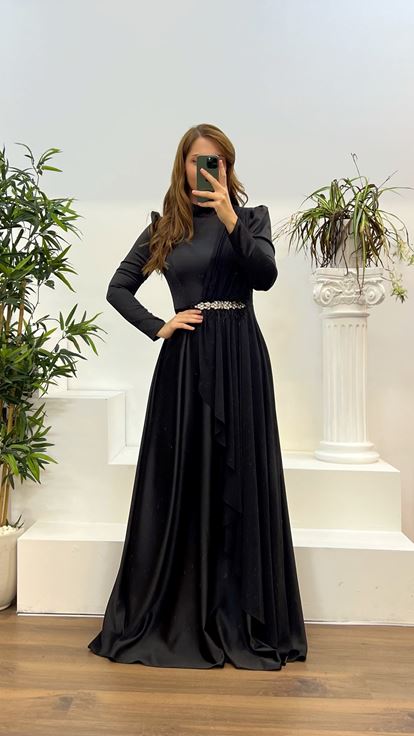 Black Waist Detail Plus Size Hijab Evening Dress