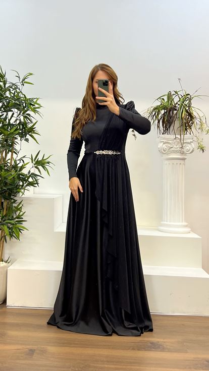 Black Waist Detail Plus Size Hijab Evening Dress