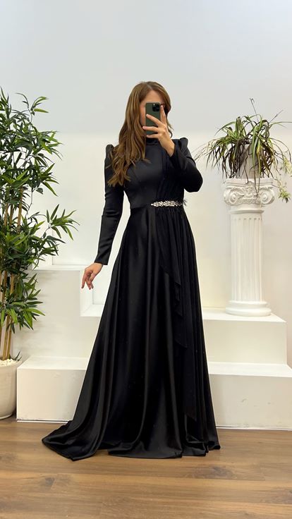 Black Waist Detail Plus Size Hijab Evening Dress