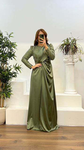 Khaki Round Neck Embroidered Satin Plus Size Evening Dress