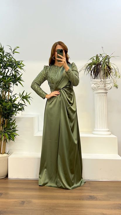 Khaki Round Neck Embroidered Satin Plus Size Evening Dress