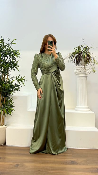 Khaki Round Neck Embroidered Satin Plus Size Evening Dress