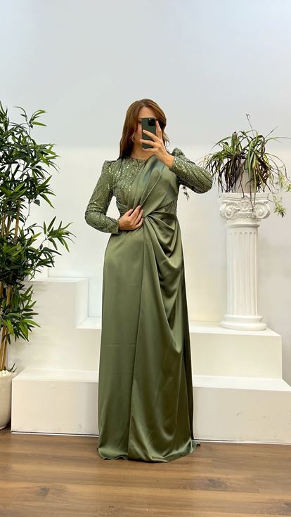 Khaki Round Neck Embroidered Satin Plus Size Evening Dress