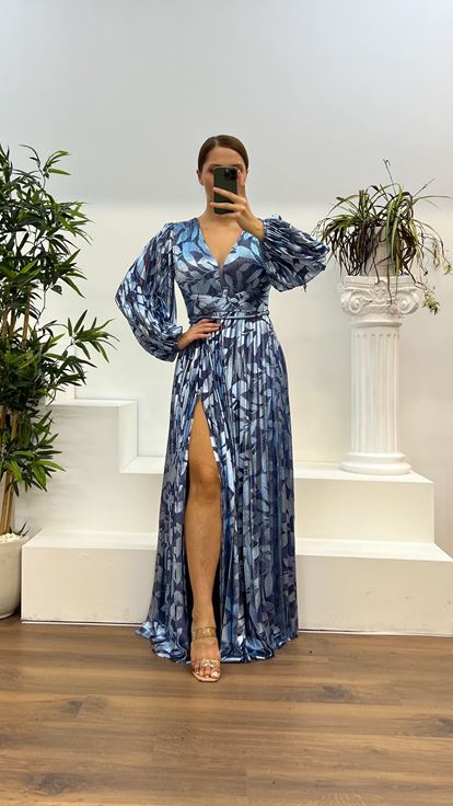 Indigofarbenes, gemustertes, plissiertes Abendkleid mit V-Ausschnitt und Übergröße