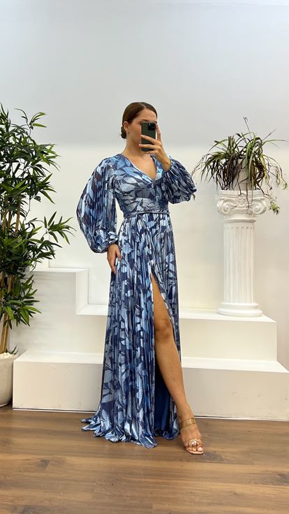 Indigofarbenes, gemustertes, plissiertes Abendkleid mit V-Ausschnitt und Übergröße