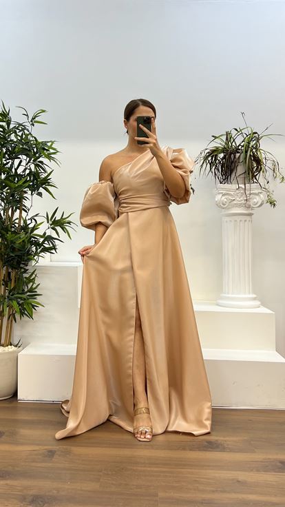 Gold Balon Kol Büyük Beden Abiye Elbise