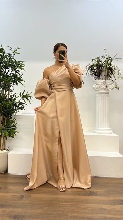 Gold Balon Kol Büyük Beden Abiye Elbise