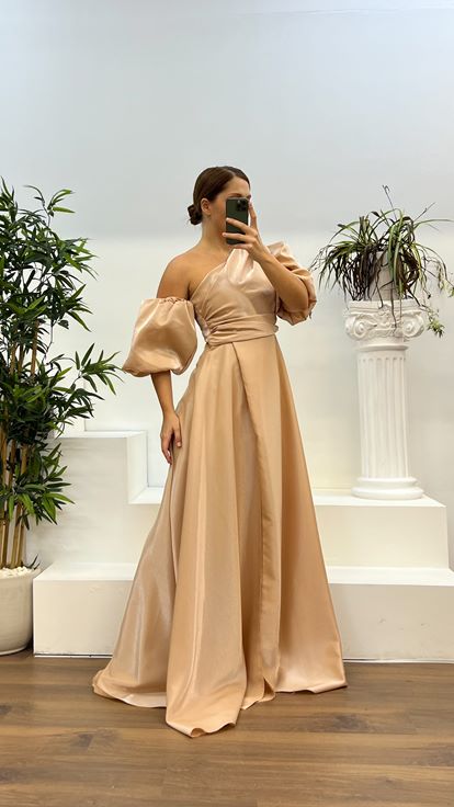 Gold Balon Kol Büyük Beden Abiye Elbise