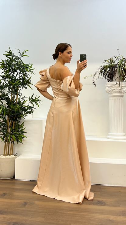 Gold Balon Kol Büyük Beden Abiye Elbise